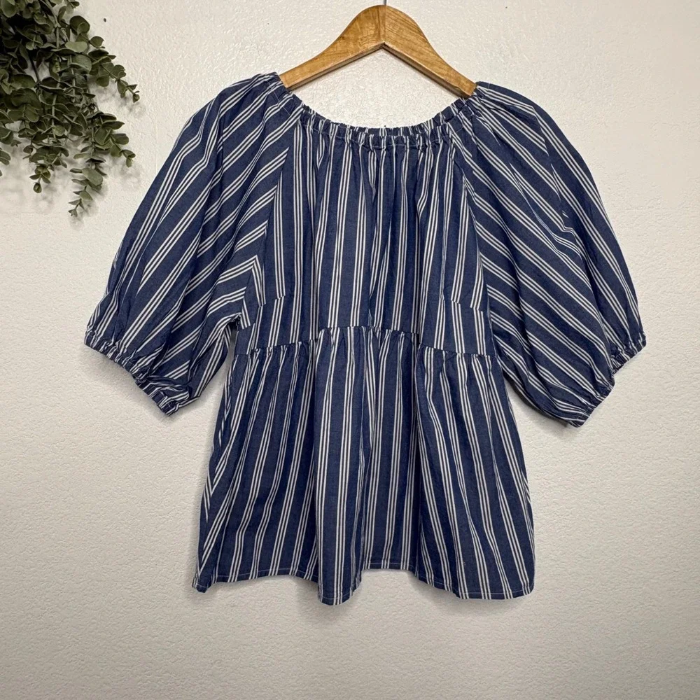 Old Navy Blue White Striped Puff Sleeve Peplum Top Blouse Medium Cotton